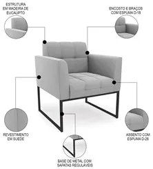 Sofá Namoradeira e 1 Poltrona Base Industrial Preto Ana Suede Cinza -