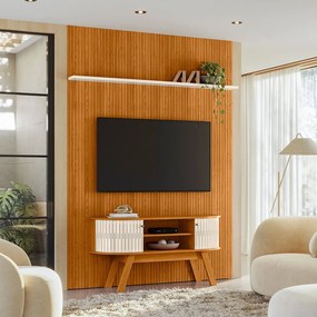 Painel TV 65 Pol 179cm Ripado Valen e Rack Bancada Rylan Cinamomo/Off White M20 - D'Rossi