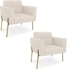 Poltrona Para Sala Pé Metal Dourado Kit 2 Ana Linho Bege - Ibiza