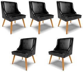 Kit 5 Cadeiras Decorativas Sala de Jantar Pés Palito de Madeira Firenze PU Preto Brilho/Natural G19 - Gran Belo