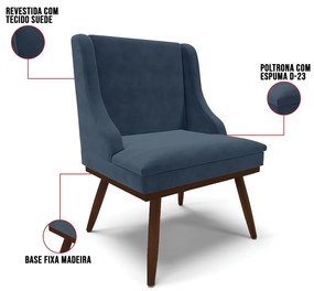 Cadeira de Jantar Liz Suede Base Fixa Madeira com Pés Palito Tabaco D03 - D'Rossi - Azul Marinho