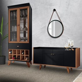 Conjunto Cristaleira Adega Bar e Buffet Balcão Decorativo Andorra/Albani Preto/Nature G26 - Gran Belo