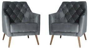 Kit 2 Poltronas Atena Decorativa Botonê Pés Palito Veludo Cinza