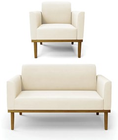 Conjunto Poltrona e Namoradeira Decorativa Isabella Pés Fixo em Madeira Castanho Veludo Bege G19 - Gran Belo