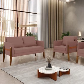 Kit 1 Sofá Namoradeira e 1 Poltrona Lana Veludo Rosê Base de Madeira - D'Rossi