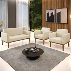 Sofá Namoradeira e 2 Poltronas Base Madeira Castanho Maressa Linho Beg