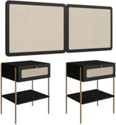 Cabeceira Casal e Queen Com 2 Mesas Laterais Arlo A10 Nero/Dourado - M