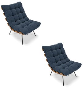 Kit 02 Poltronas Costela Suede Base Metálica Preto M11 - D'Rossi - Azul Marinho