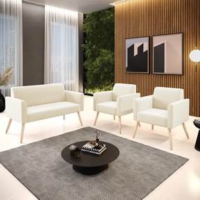 Sofá Namoradeira com 2 Poltronas Pés Palito Natural Marisa Veludo - Bege