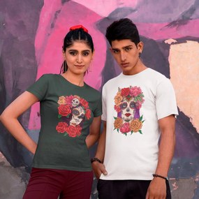Camiseta Unissex Caveira Mexicana Mulher Dia de Los Muertos 2 - Branco - G