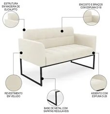 Sofá Namoradeira e 2 Poltronas Base Industrial Preto Ana Veludo Bege -