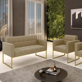Kit 1 Sofá Namoradeira e 1 Poltrona Elisa Suede Base Metálica Industrial Dourado - D'Rossi - Marrom Rato