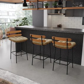 Kit 02 Banquetas Costela Suede Base Metálica Preto - D'Rossi - Marrom Rato