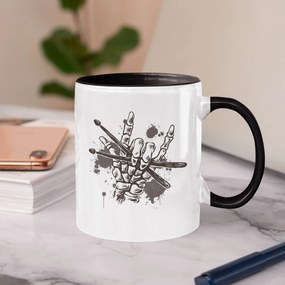 Caneca Caveira Rock Baquetas Branca com Alça Preta