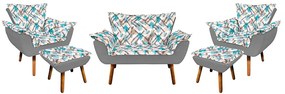 Kit 01 Namoradeira com 02 Poltronas e 02 Puffs Opala Composê Suede com Estampado Traçado Azul D33 Pés Palito Castanho - Grafite