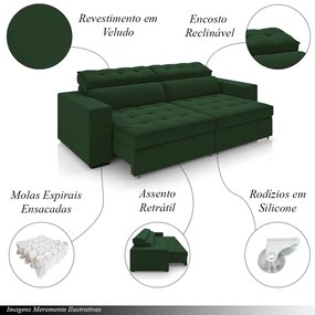 Sofá Decorativo Hugo 4 Lugares 300cm Reclinável e Retrátil Veludo Verde G45 - Gran Belo