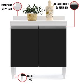 Balcão de Cozinha Lavanderia com Tampo 02 Portas Sara 80 cm L06 - D'Rossi - Branco e Preto