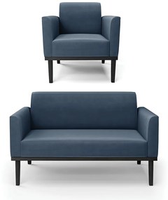 Sofá Namoradeira com Poltrona Base de Madeira Fixa Preto Marisa Suede D03 - D'Rossi - Azul Marinho