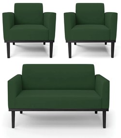 Sofá Namoradeira com 2 Poltronas Base de Madeira Fixa Preto Marisa Veludo D03 - D'Rossi - Verde