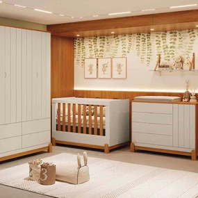 Kit Quarto Infantil Lotus Berço Mini Cama + Cômoda 4 Gavetas e 1 Porta + Guarda-Roupa 4 Portas com 4 Gavetas - Areia e Savana
