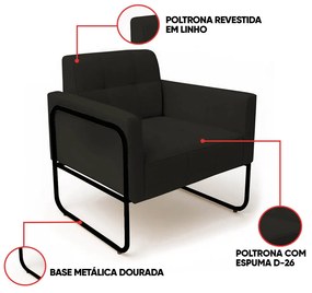 Poltrona Sala Industrial Alta Tubo Preto Kit 2 Elisa Linho D03 - D'Rossi - Preto