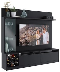 Painel Home Suspenso Sala Para Tv Vidro E 7 Prateleiras - Preto