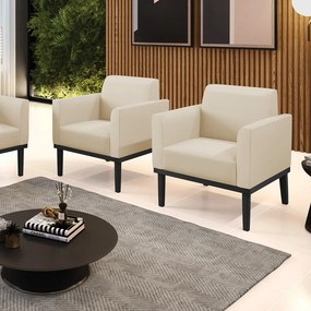 Kit 2 Poltronas Decorativas Isabella Pés Fixo em Madeira Preto PU Bege G19 - Gran Belo