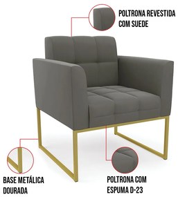 Kit 1 Sofá Namoradeira e 2 Poltronas Elisa Suede Base Metálica Industrial Dourado D03 - D'Rossi - Grafite