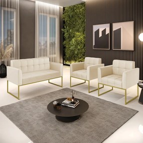 Kit 1 Sofá Namoradeira e 2 Poltronas Elisa Corino Base Metálica Industrial Dourado - D'Rossi - Bege