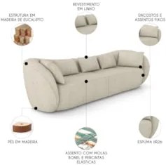 Sofá 3 Lugares 272cm Orgânico Pé Madeira Yume Linho Off White Z55 - Mp