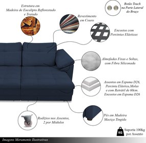 Sofá Retrátil Elétrico Sala de Estar Nolan Bipartido 332cm Conforto Premium em Couro Azul Marinho G58 - Gran Belo