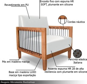 Poltrona Sala de Estar Pés Madeira Maciça Corda Náutica Preta 75cm Manila PU Branco G63 - Gran Belo