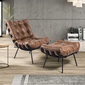 Poltrona Decorativa Sala de Estar Costela Base Preta Couro Mel G34 - Gran Belo