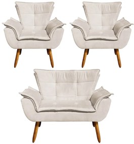 Conjunto 2 Poltronas e 1 Namoradeira Pés Palito Charger Suede Bege G19 - Gran Belo
