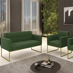 Sofá Namoradeira e 1 Poltrona Base Industrial Dourado Ana Suede Verde