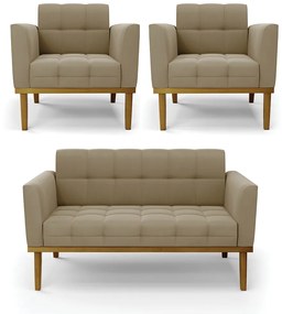 Namoradeira com 2 Poltronas Base de Madeira Castanho Elisa Suede D03 - D'Rossi - Marrom Rato