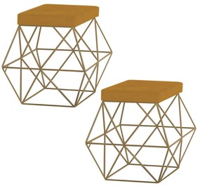 Kit 2 Puffs Decorativo Sala de Estar Base Gold Trixie Suede Mostarda G41 - Gran Belo