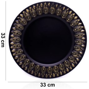 Sousplat Para Prato De Mesa Decorativo Preto Com Flores Em Dourado 33 cm - D'Rossi