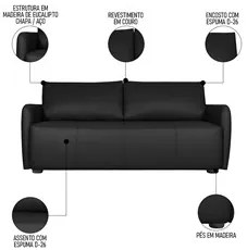 Sofá Living 3 Lugares Sala de Estar 220cm Virtus L07 Couro Preto - Mpo