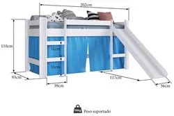 Cama Elevada Com Escorregador E Cortina BB1000 Branco/Azul - Completa