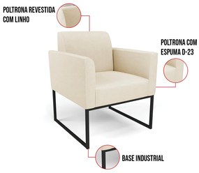 Kit 2 Poltronas Base Industrial Preto Marisa Linho - A19 Bege