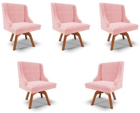 Kit 5 Cadeiras Decorativas Sala de Jantar Base Giratória de Madeira Firenze Suede Rosa Bebê/Natural G19 - Gran Belo