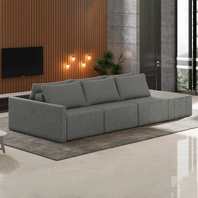 Sofá Ilha Modulado Milos 312cm Puff Lateral Linho Cinza Escuro G33 - Gran Belo