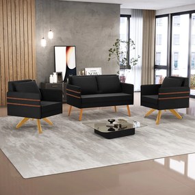Kit 01 Namoradeira 02 Lugares e 02 Poltronas Mari Suede Base de Madeira MA30 - D'Rossi - Preto