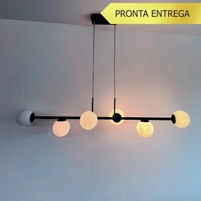 Pendente Six Retângular 124X25,5X27Cm Alumínio E Globo Ø12Cm Fosco 6Xg... (PRETO, FOSCO)