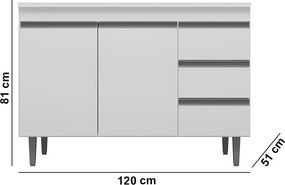 Balcão Cozinha com Tampo 120cm 3 Gavetas Leticia A01 - D'Rossi - Branco