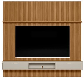 Painel para TV até 75 Polegadas Ripado Marisa com Nicho Bancada e Tampo Sobreposto Chanfrado Nature e Off White 219x250 cm L04 - D'Rossi
