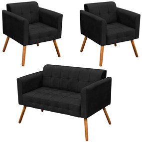 Conjunto 2 Poltronas e 1 Namoradeira Pés Palito Karen Suede Preto G19 - Gran Belo