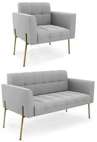 Sofá Namoradeira e Poltrona Pé de Ferro Dourado Elisa Suede D03 - D'Rossi - Cinza