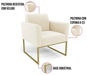 Kit 2 Poltronas Base Industrial Dourado Marisa Veludo D03 - D'Rossi - Bege